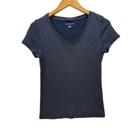 Tommy Hilfiger Womens V-Neck T-Shirt Size S Navy Polka Dots Short Sleeves Casual - Picture 2 of 12